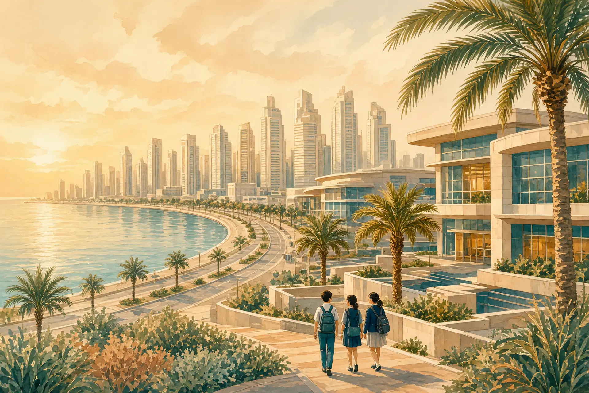 Illustration of the Abu Dhabi corniche skyline with an international school campus in the foreground