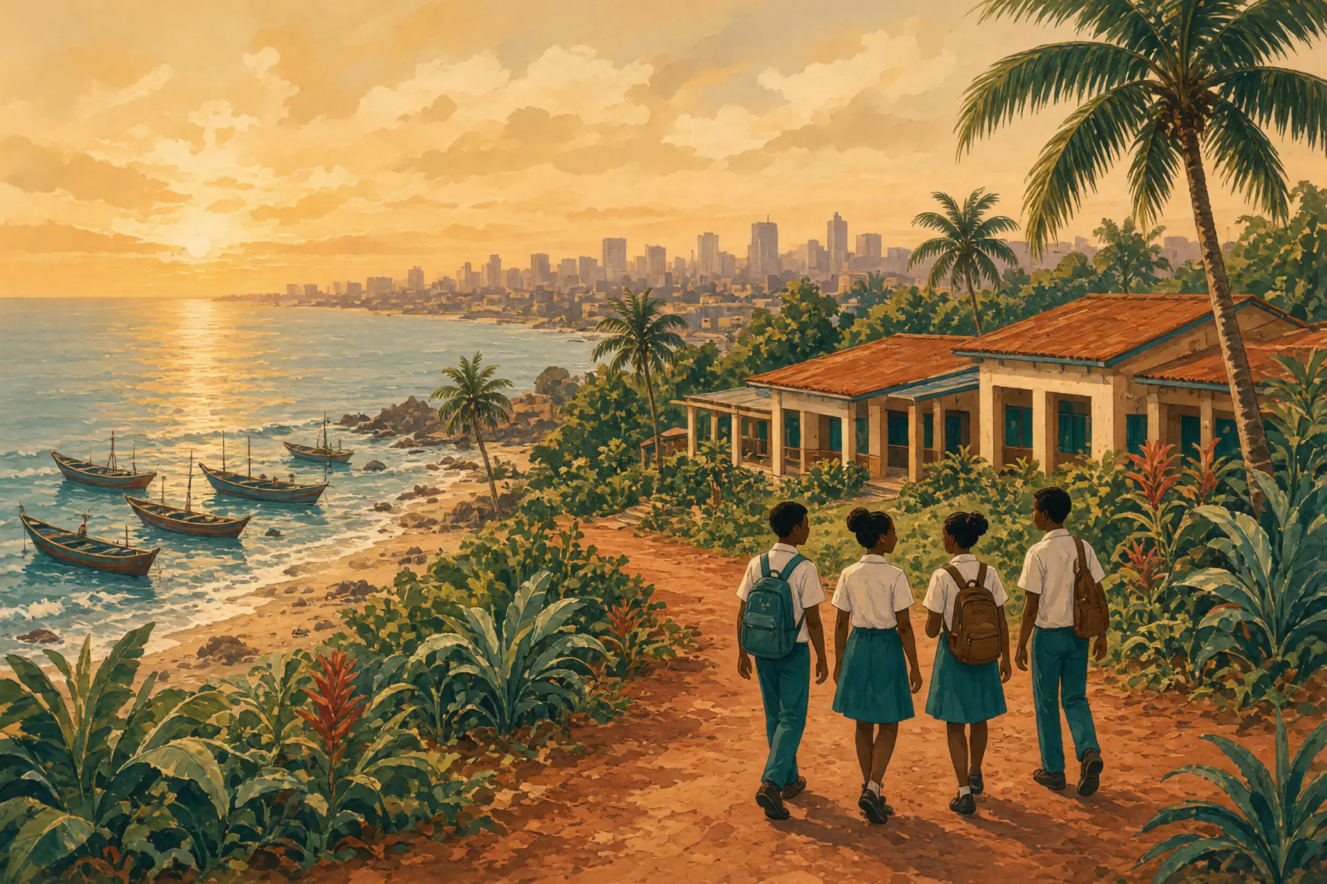 Illustration of the Accra shoreline and skyline with an international school campus in the foreground