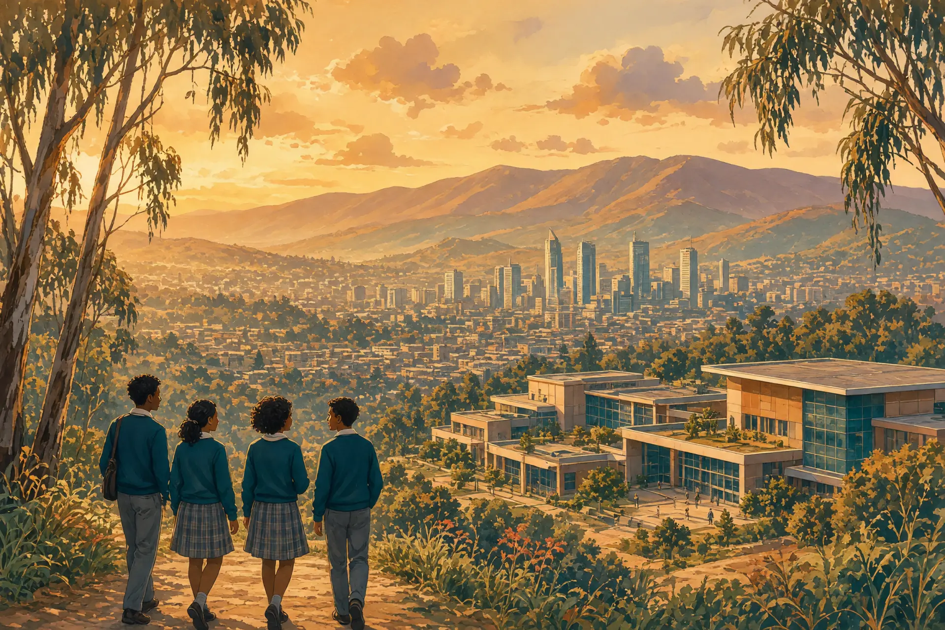 Illustration of Addis Ababa with the Entoto hills and an international school campus in the foreground