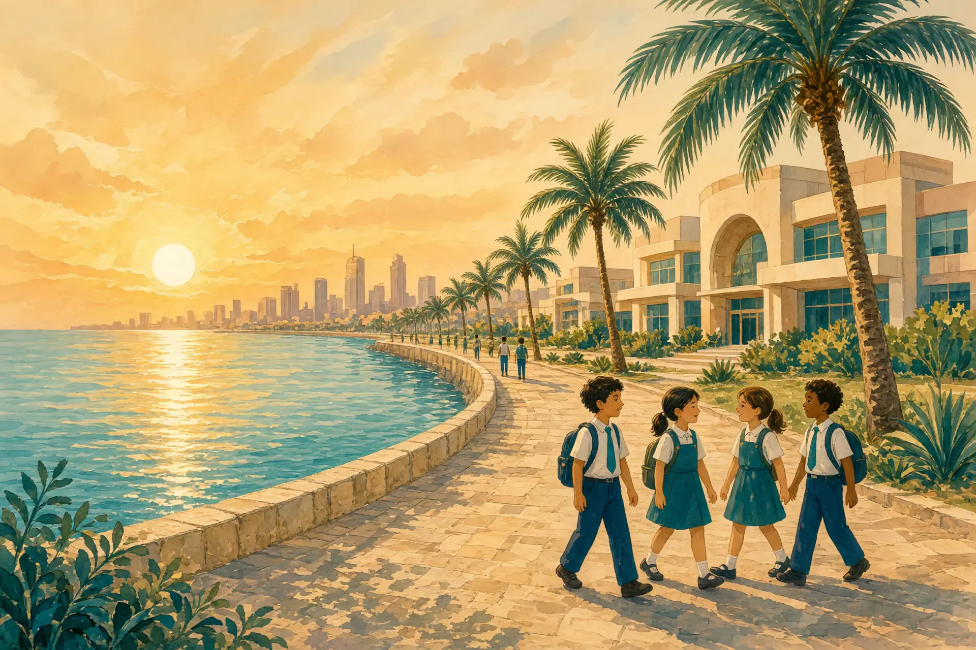 Illustration of the Al Khobar corniche on the Arabian Gulf with an international school campus in the foreground