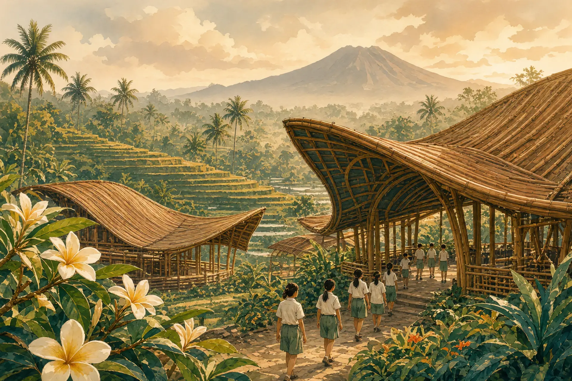 Illustration of a bamboo international school among Bali rice terraces with a volcano on the horizon