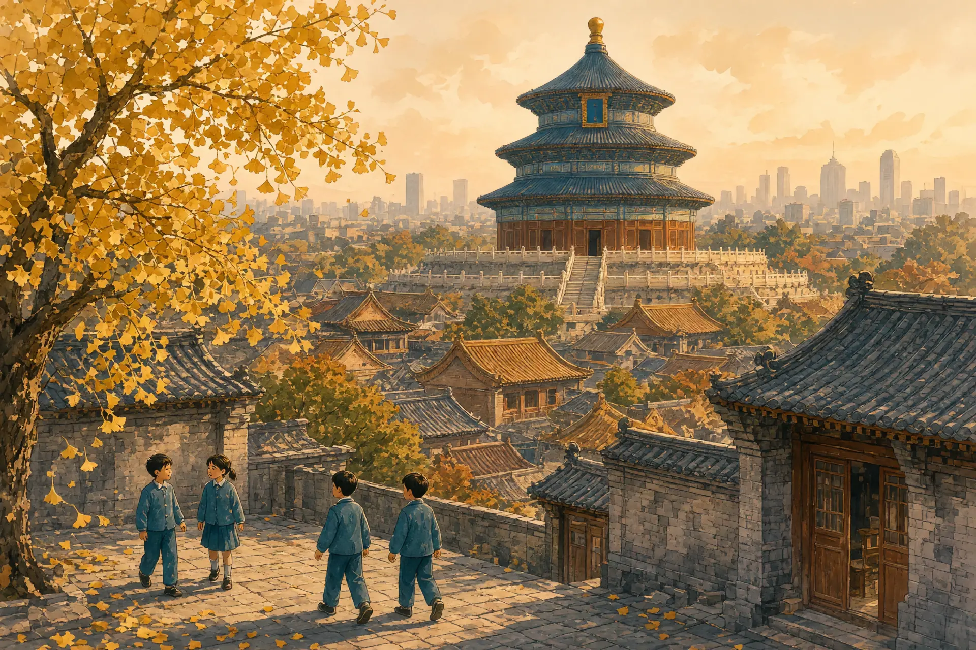 Illustration of Beijing's imperial rooftops and blue-roofed temple hall with a traditional school courtyard in the foreground