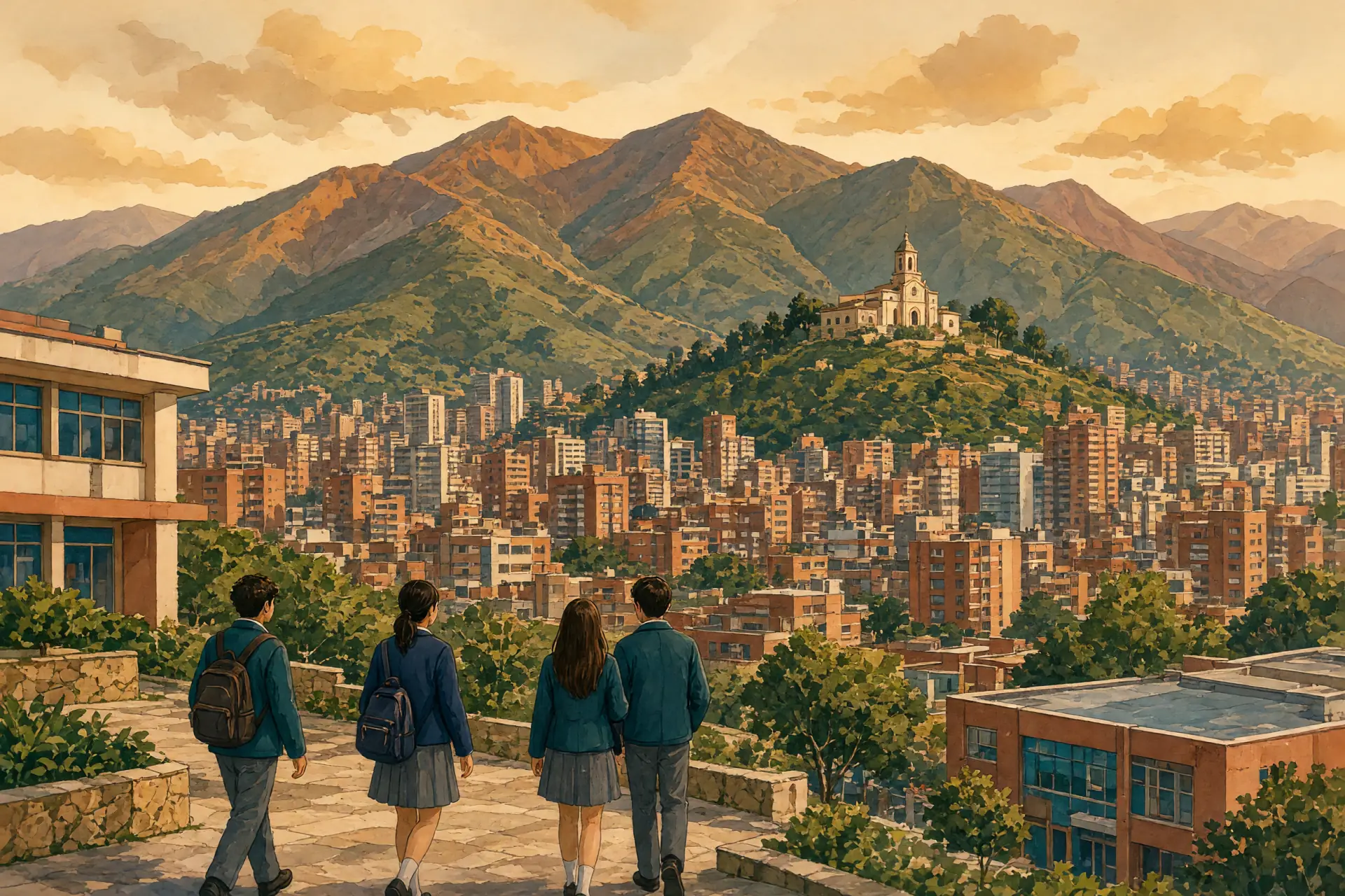 Illustration of Bogota with the Andes and Monserrate behind an international school campus