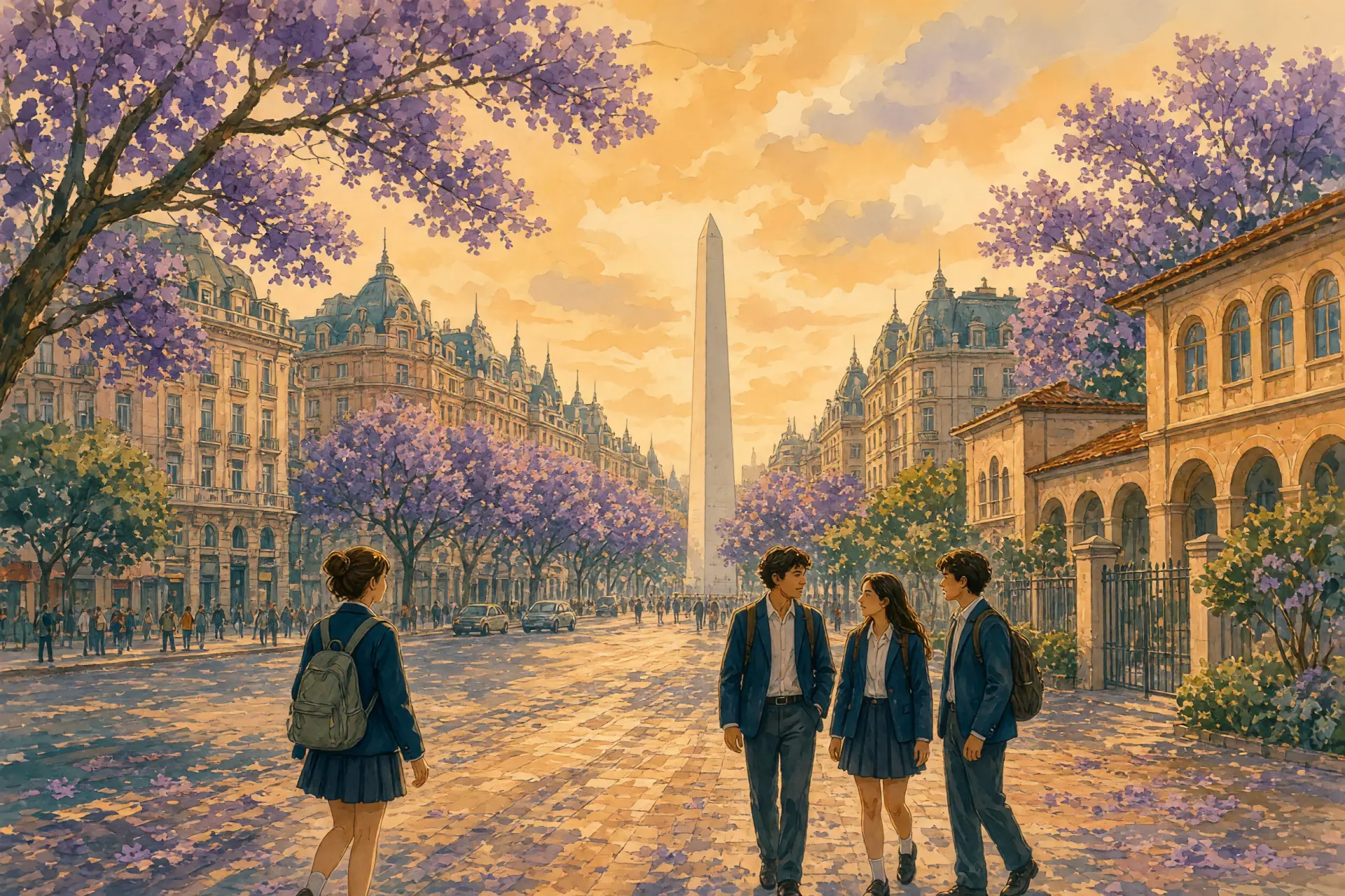Illustration of Buenos Aires with jacarandas in bloom and an international school campus in the foreground
