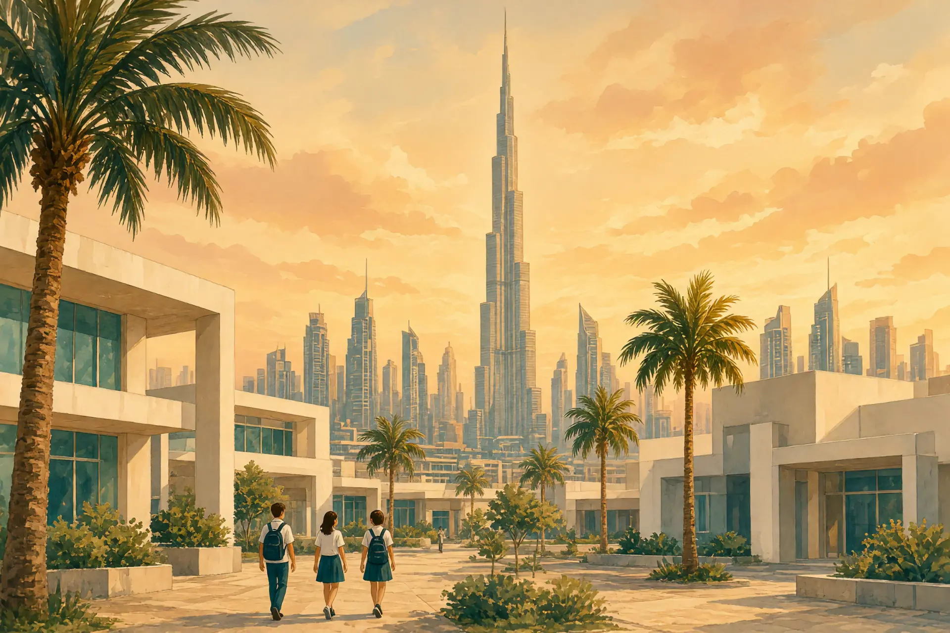 Illustration of the Dubai skyline at golden hour with a modern international school campus in the foreground