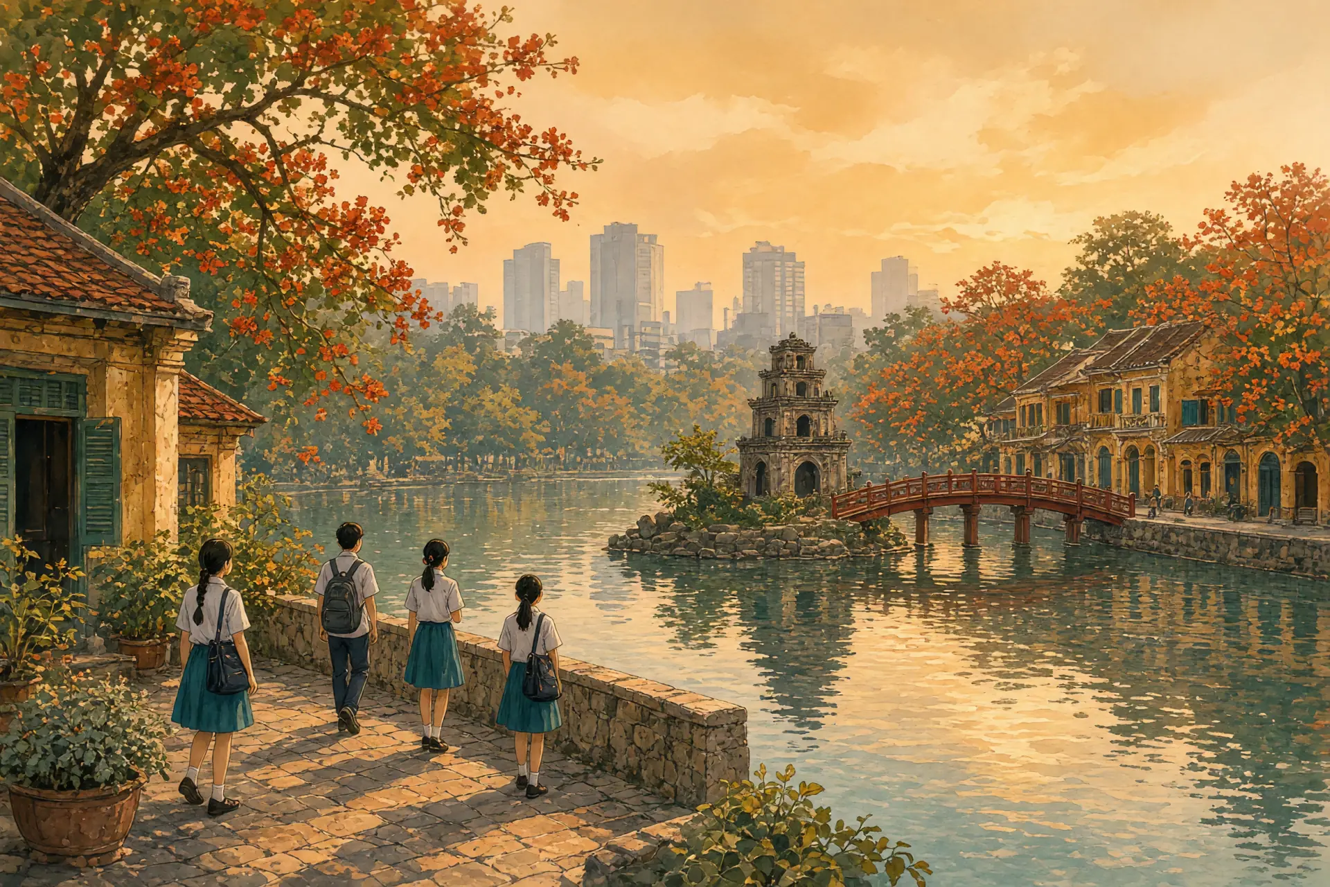 Illustration of Hanoi's Hoan Kiem lake and red bridge with a quiet international school courtyard in the foreground