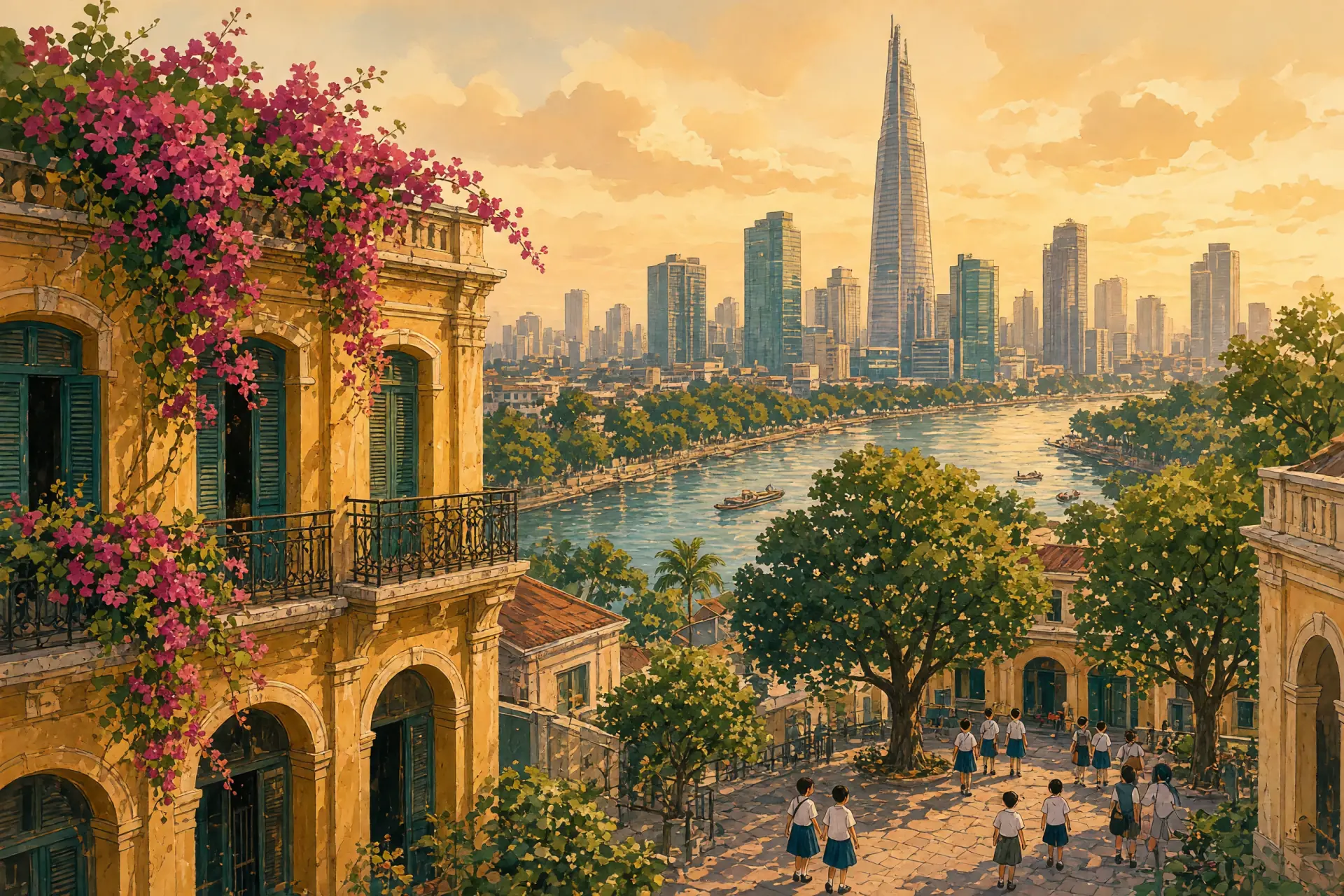 Illustration of the Ho Chi Minh City riverside skyline with a leafy international school courtyard in the foreground