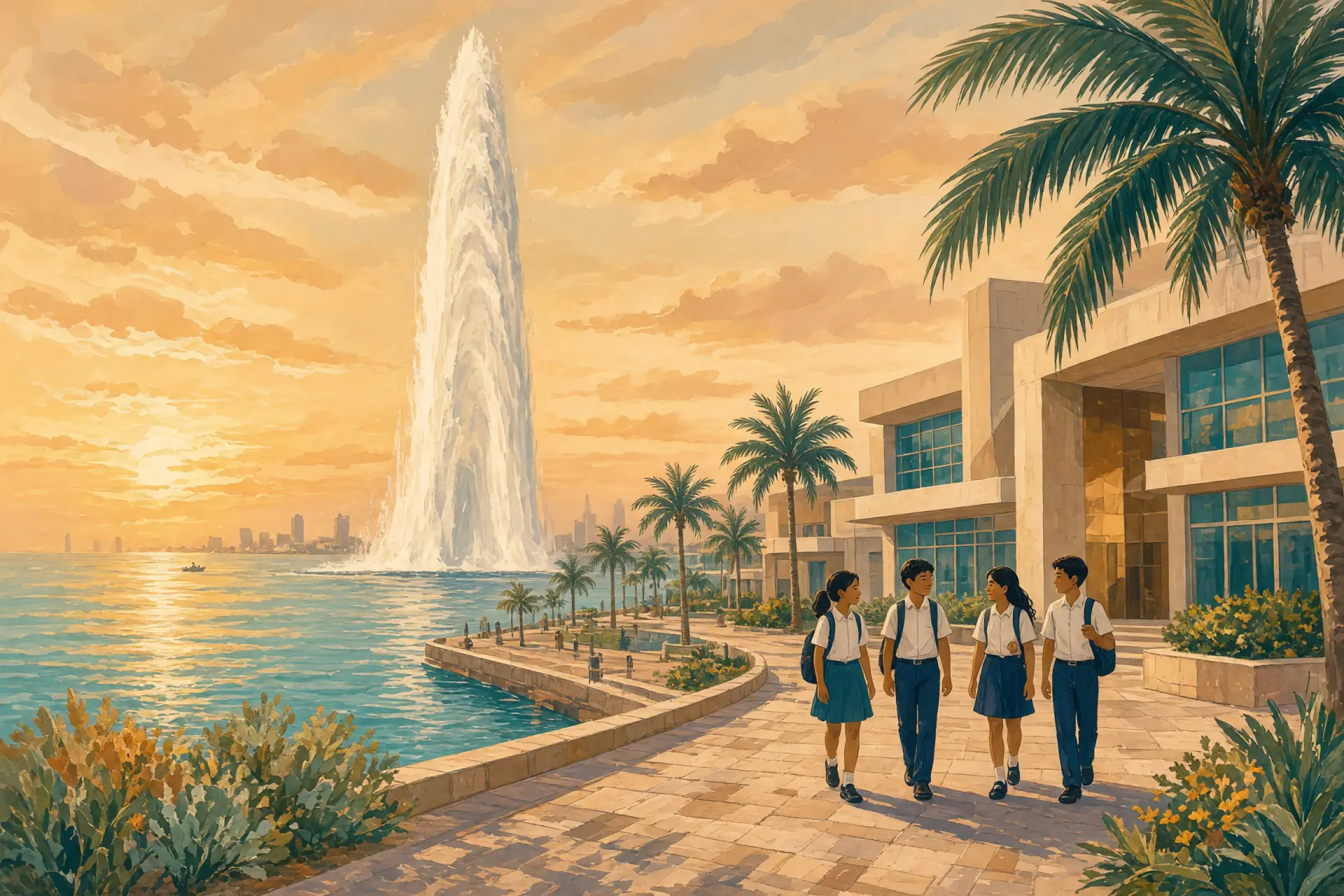 Illustration of the Jeddah corniche and Red Sea waterfront with an international school campus in the foreground