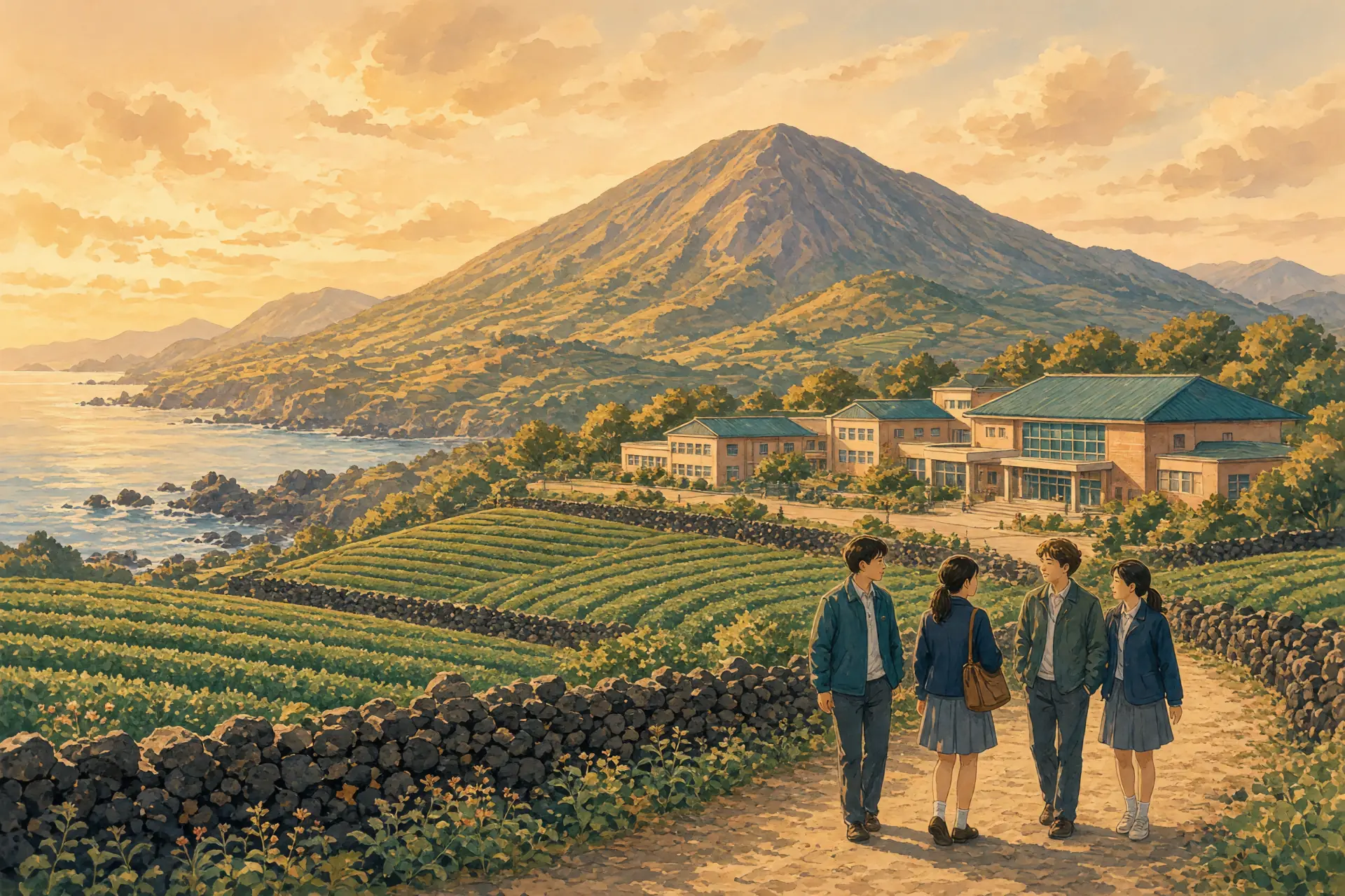Illustration of Jeju island with Hallasan volcano and an international school campus in the foreground