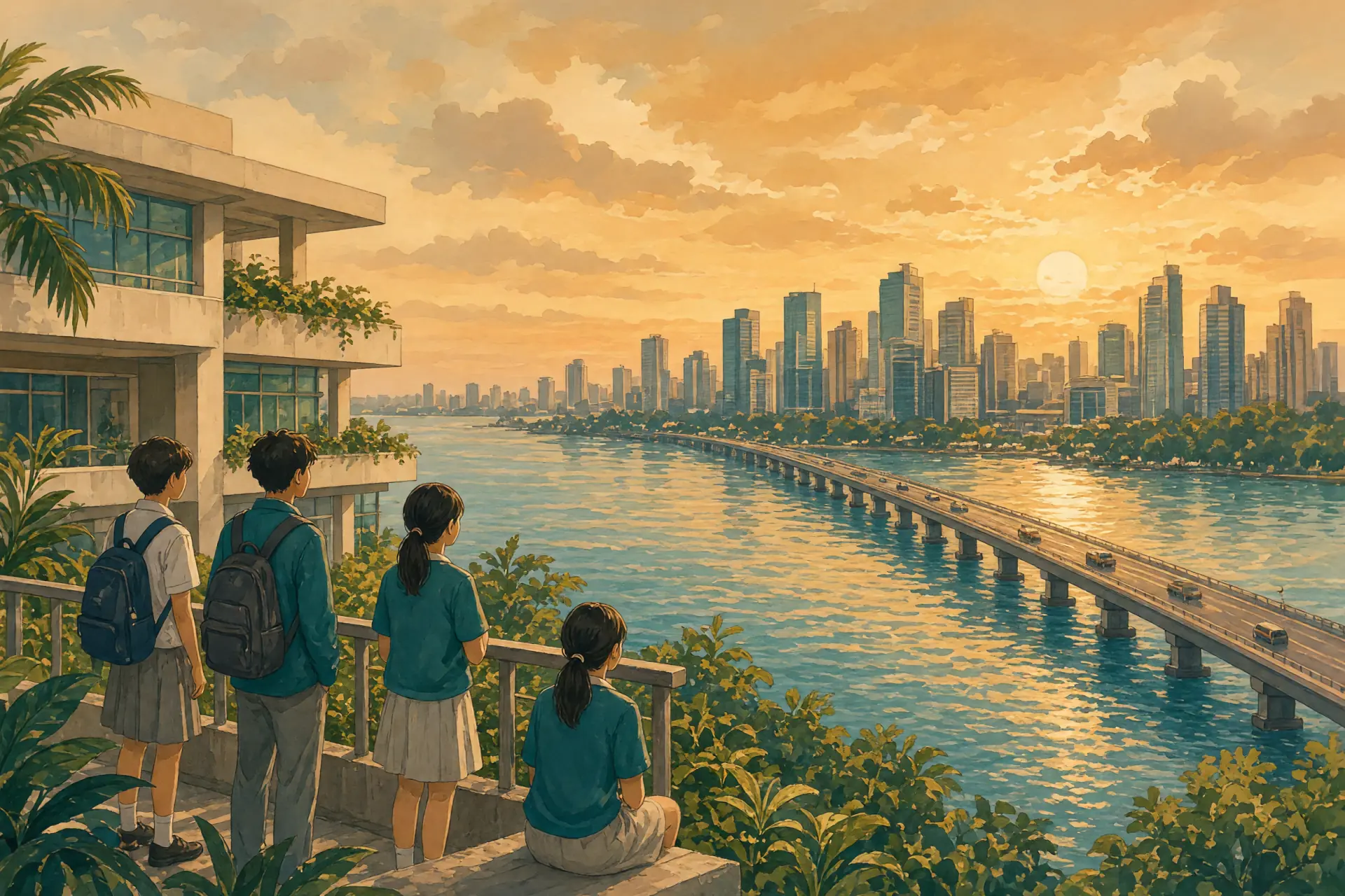 Illustration of the Johor Bahru waterfront and causeway with an international school campus in the foreground