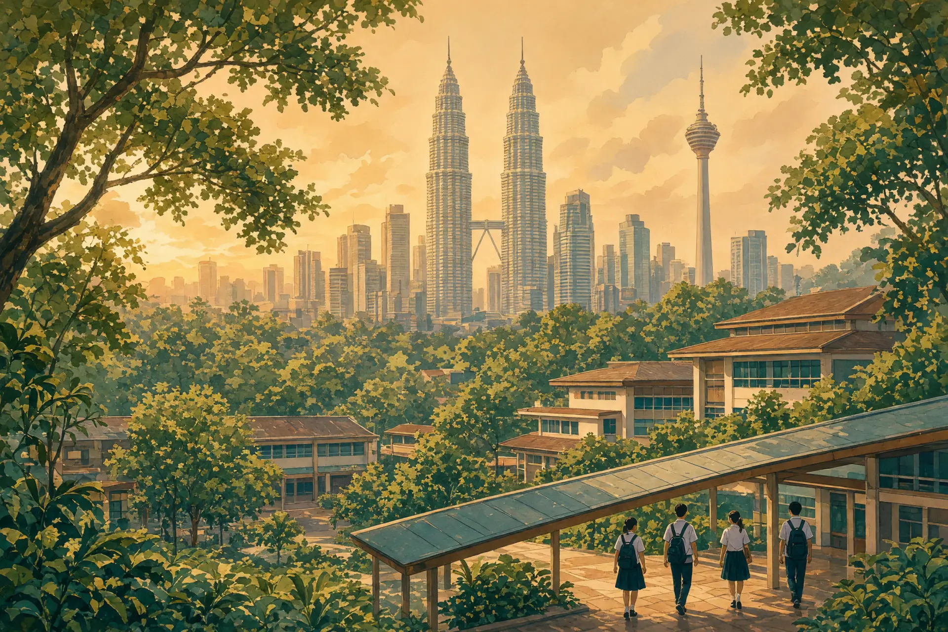 Illustration of the Kuala Lumpur skyline with the Petronas Twin Towers and a green international school campus in the foreground