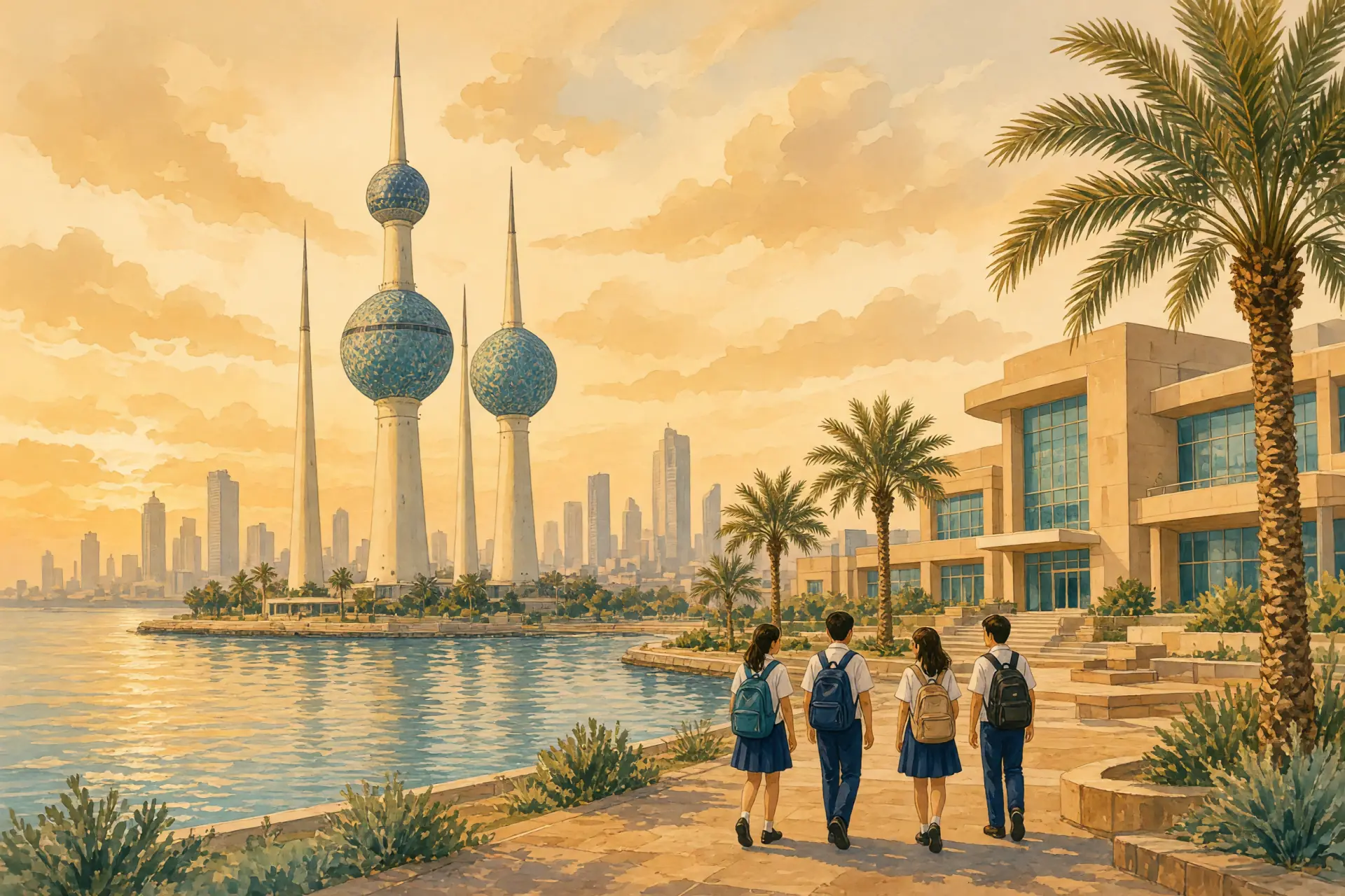 Illustration of the Kuwait Towers and waterfront skyline with an international school campus in the foreground