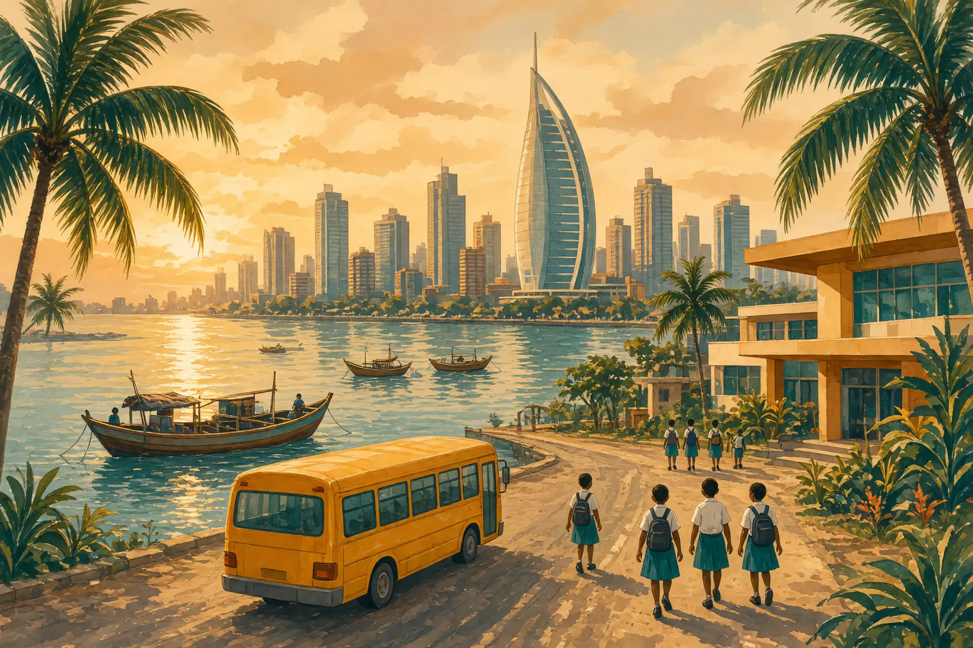 Illustration of the Lagos lagoon skyline with a yellow school bus and an international school campus in the foreground