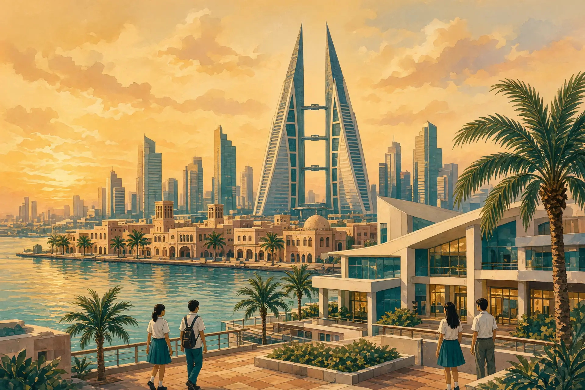 Illustration of the Manama harbour skyline with its twin sail-shaped towers and an international school campus in the foreground