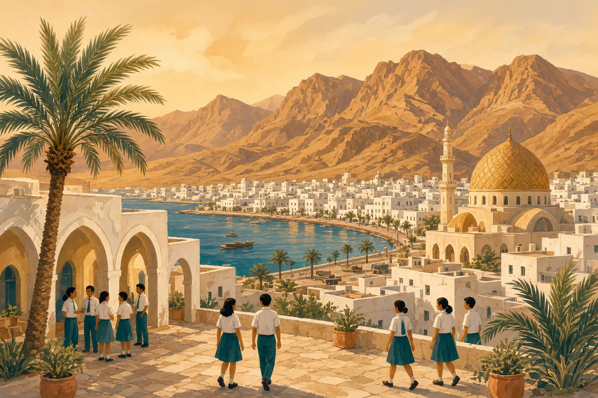 Illustration of the Muscat corniche with white buildings, mountains and an international school courtyard in the foreground