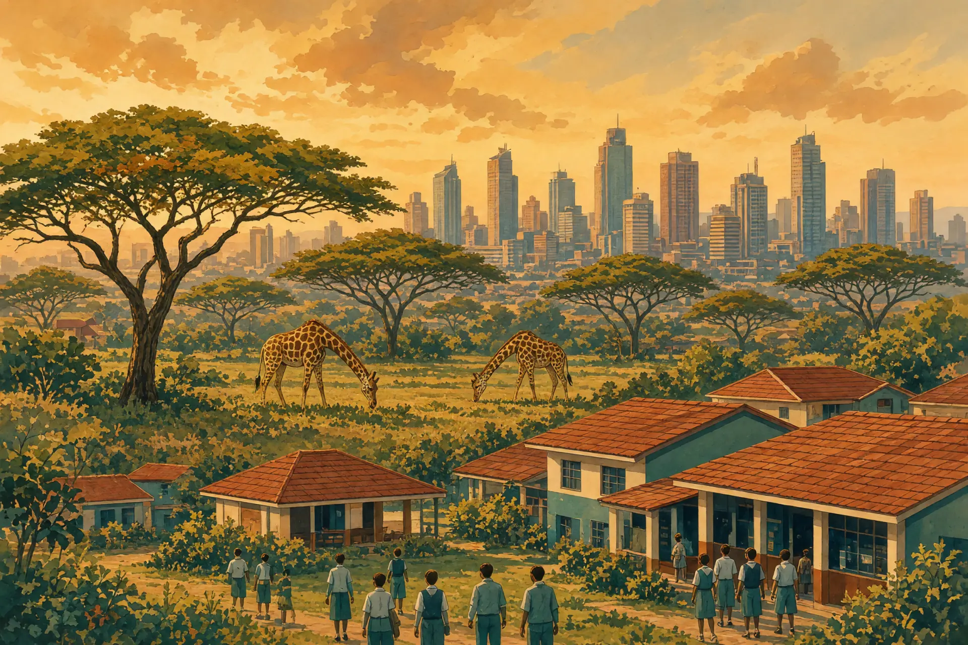 Illustration of the Nairobi skyline behind acacia trees and giraffes with an international school campus in the foreground
