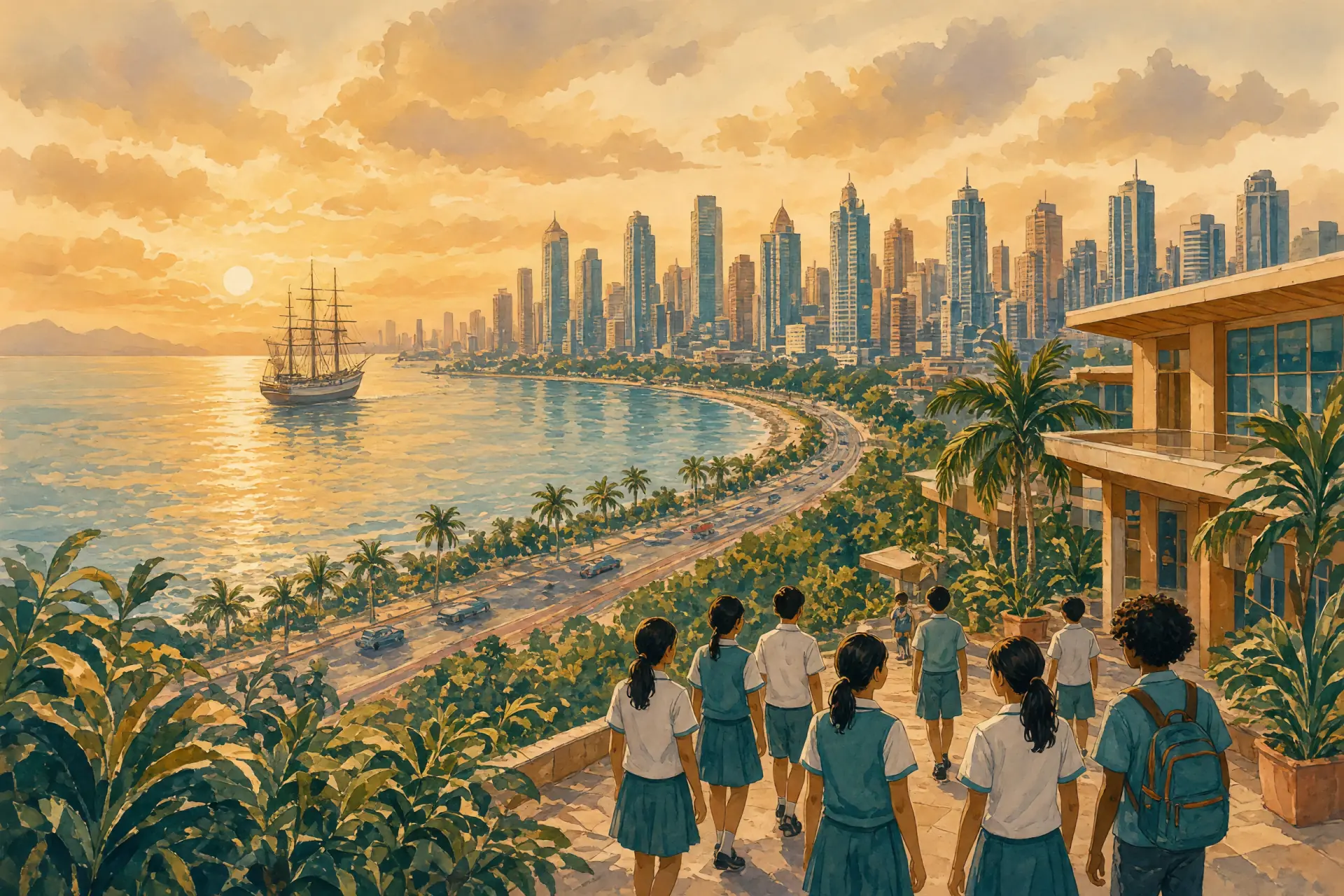 Illustration of the Panama City skyline and bay with an international school campus in the foreground