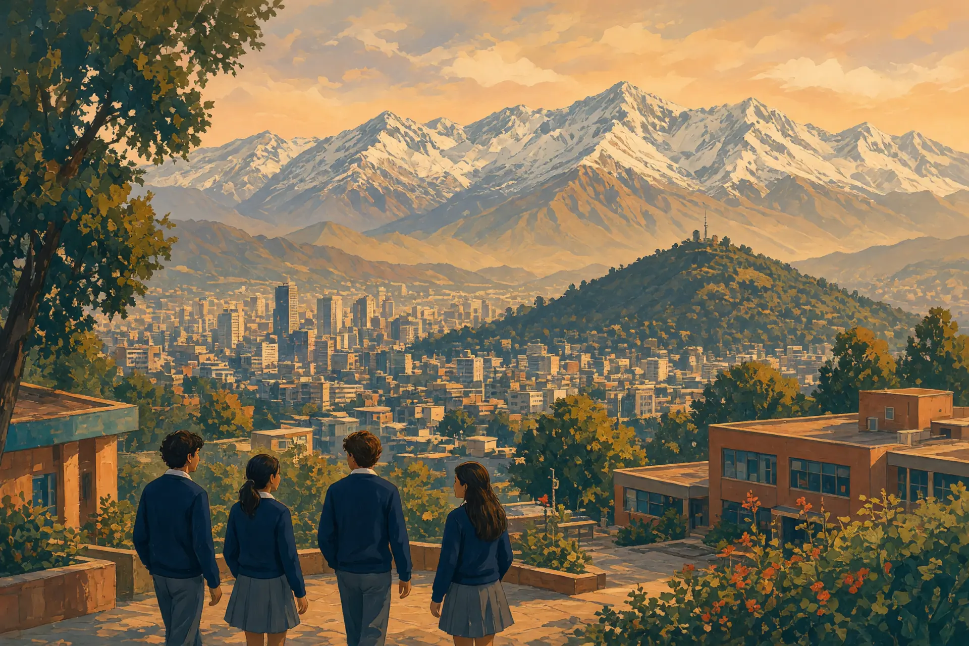 Illustration of Santiago de Chile with the Andes behind an international school campus