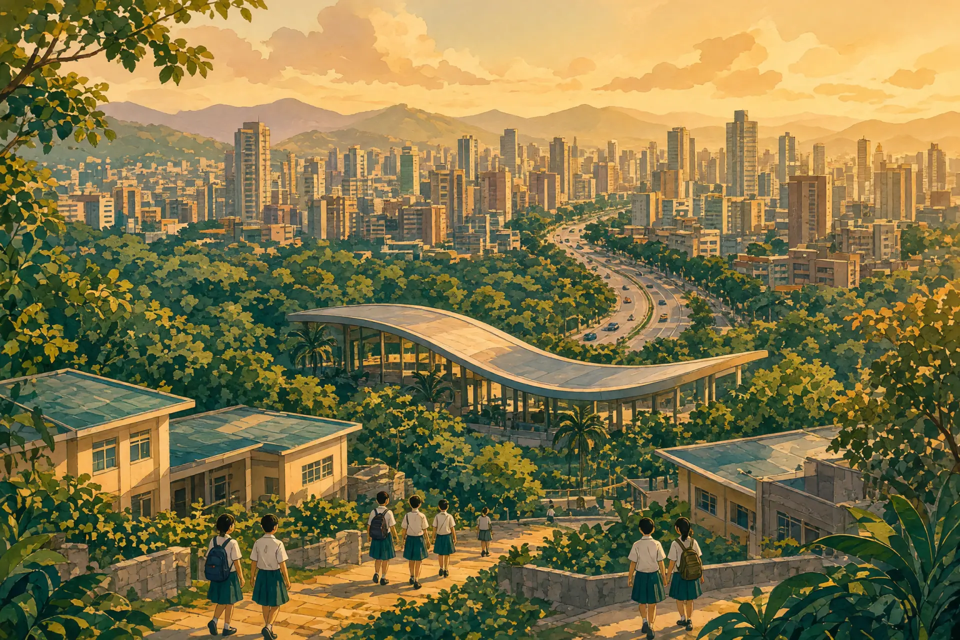 Illustration of the Sao Paulo skyline above the park with a leafy international school campus in the foreground