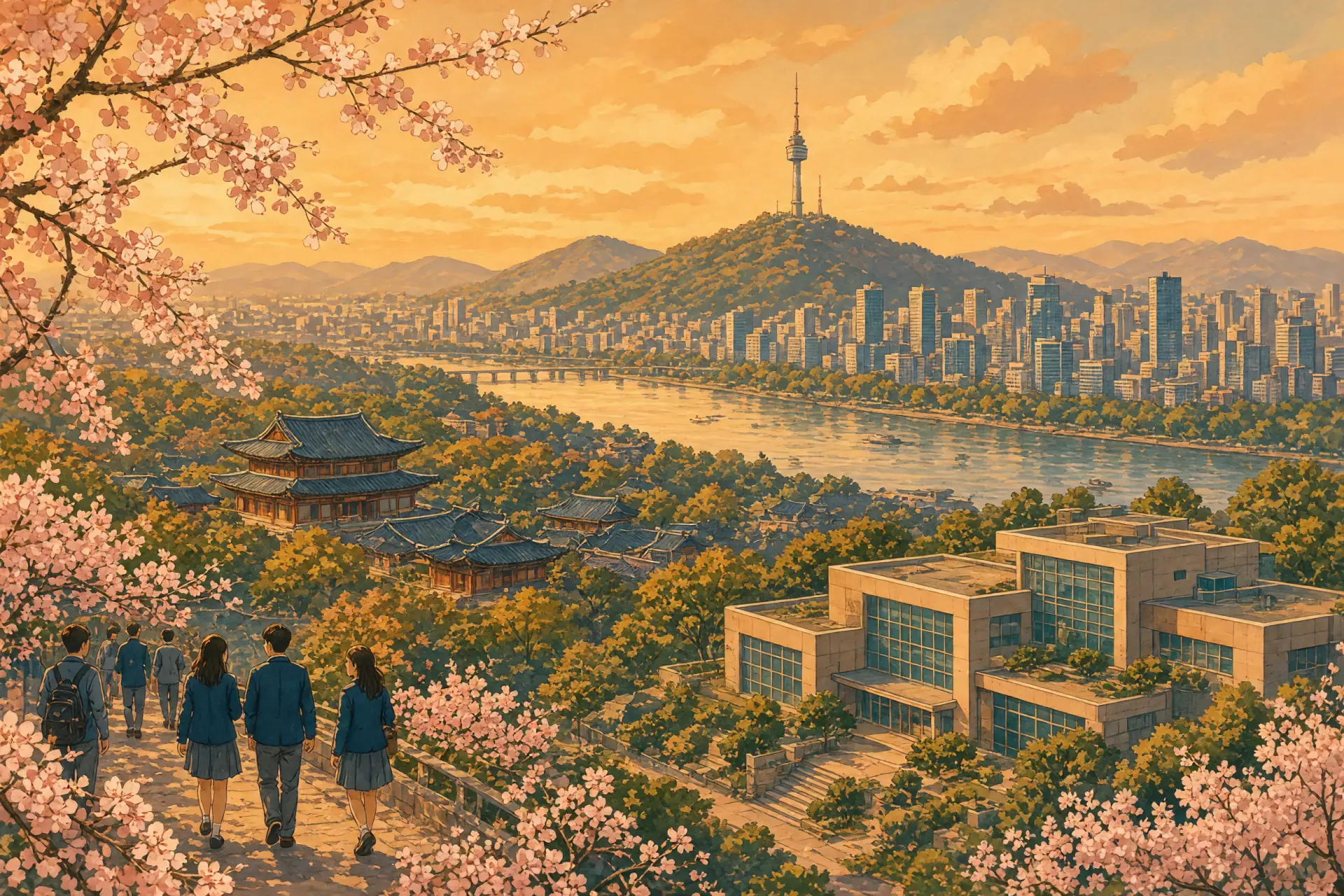 Illustration of Seoul's Namsan tower and Han river skyline with an international school campus in the foreground