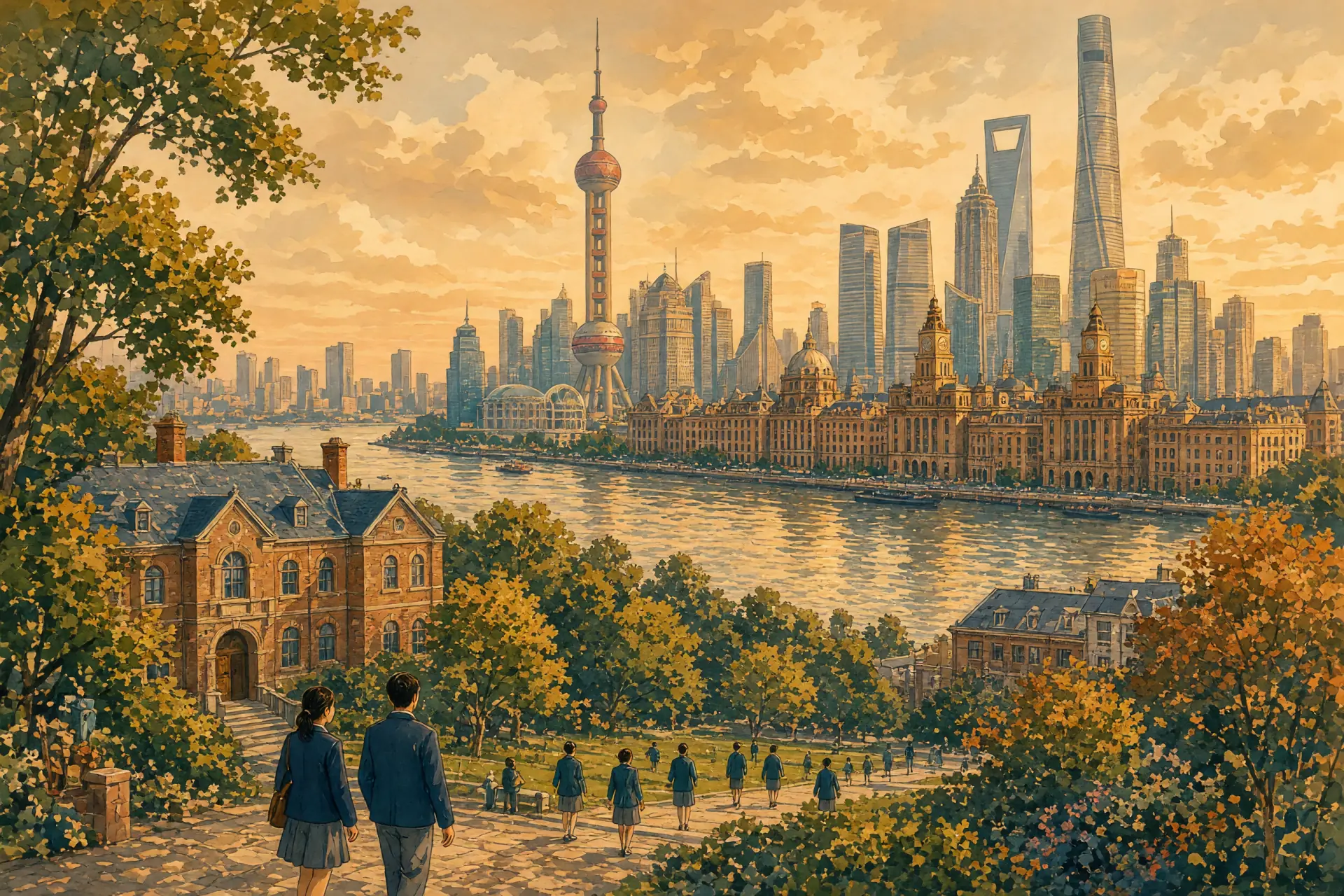 Illustration of the Shanghai Pudong skyline across the river with a tree-lined international school campus in the foreground