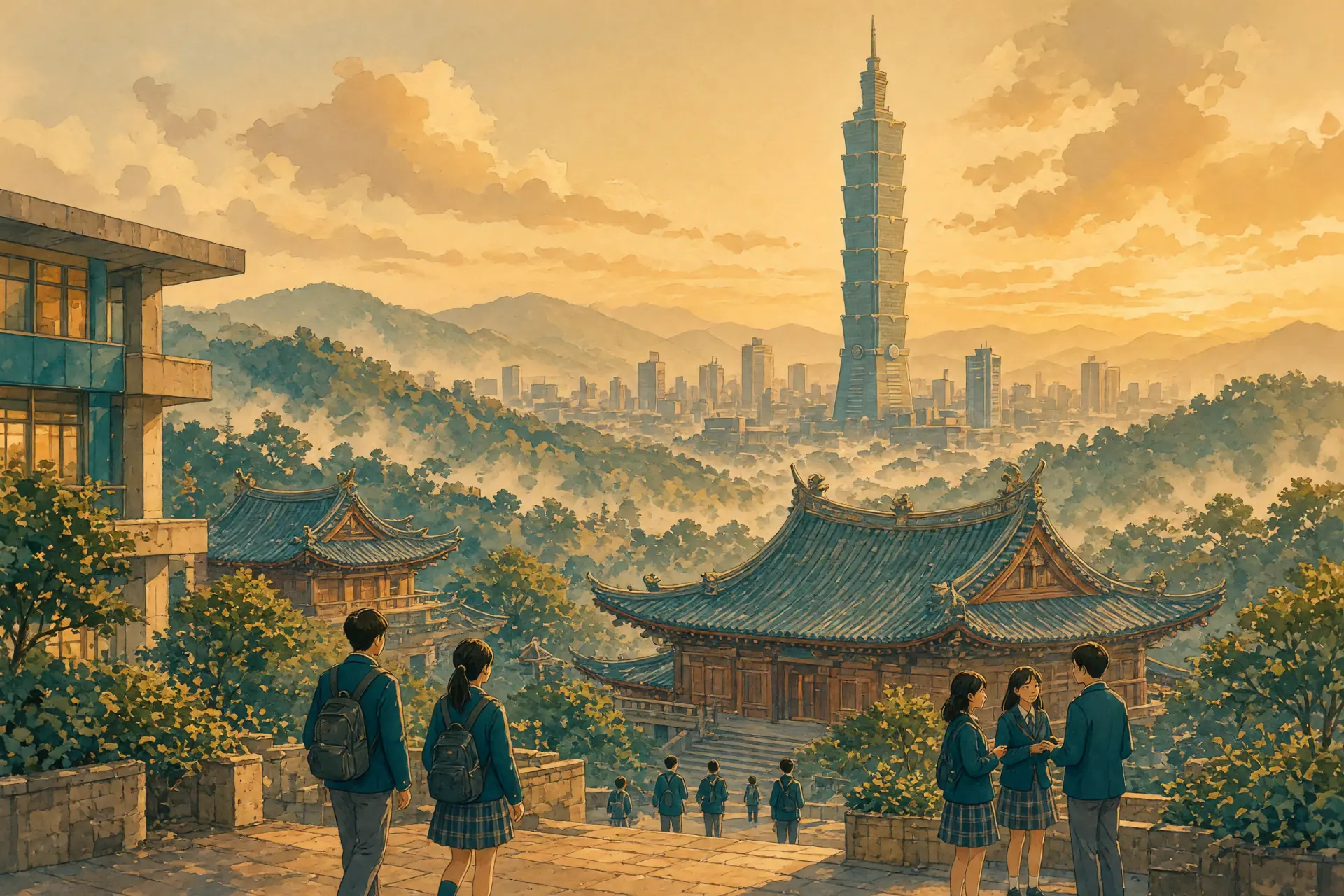 Illustration of the Taipei skyline with Taipei 101 and an international school campus in the foreground