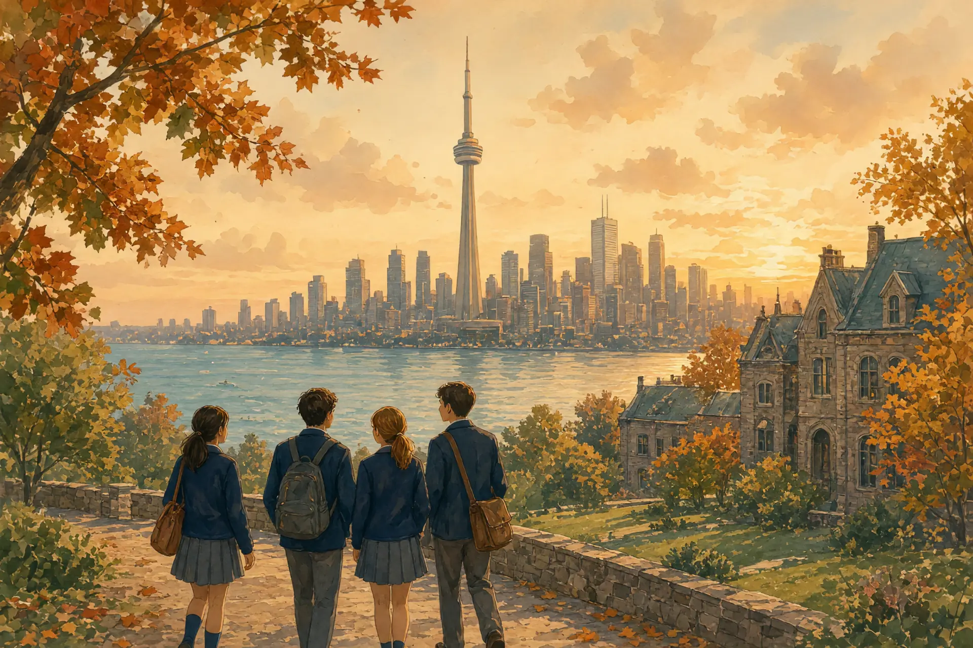 Illustration of the Toronto skyline across Lake Ontario with a school campus in the foreground