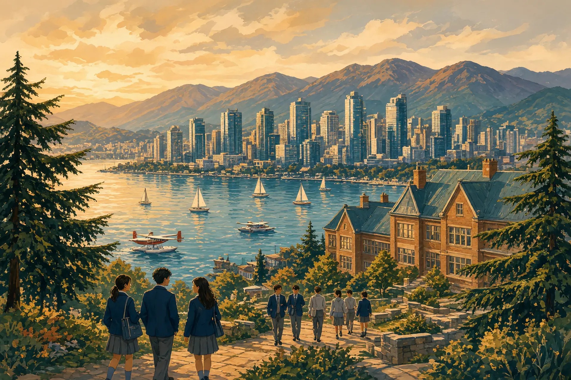Illustration of the Vancouver skyline and mountains with a school campus in the foreground