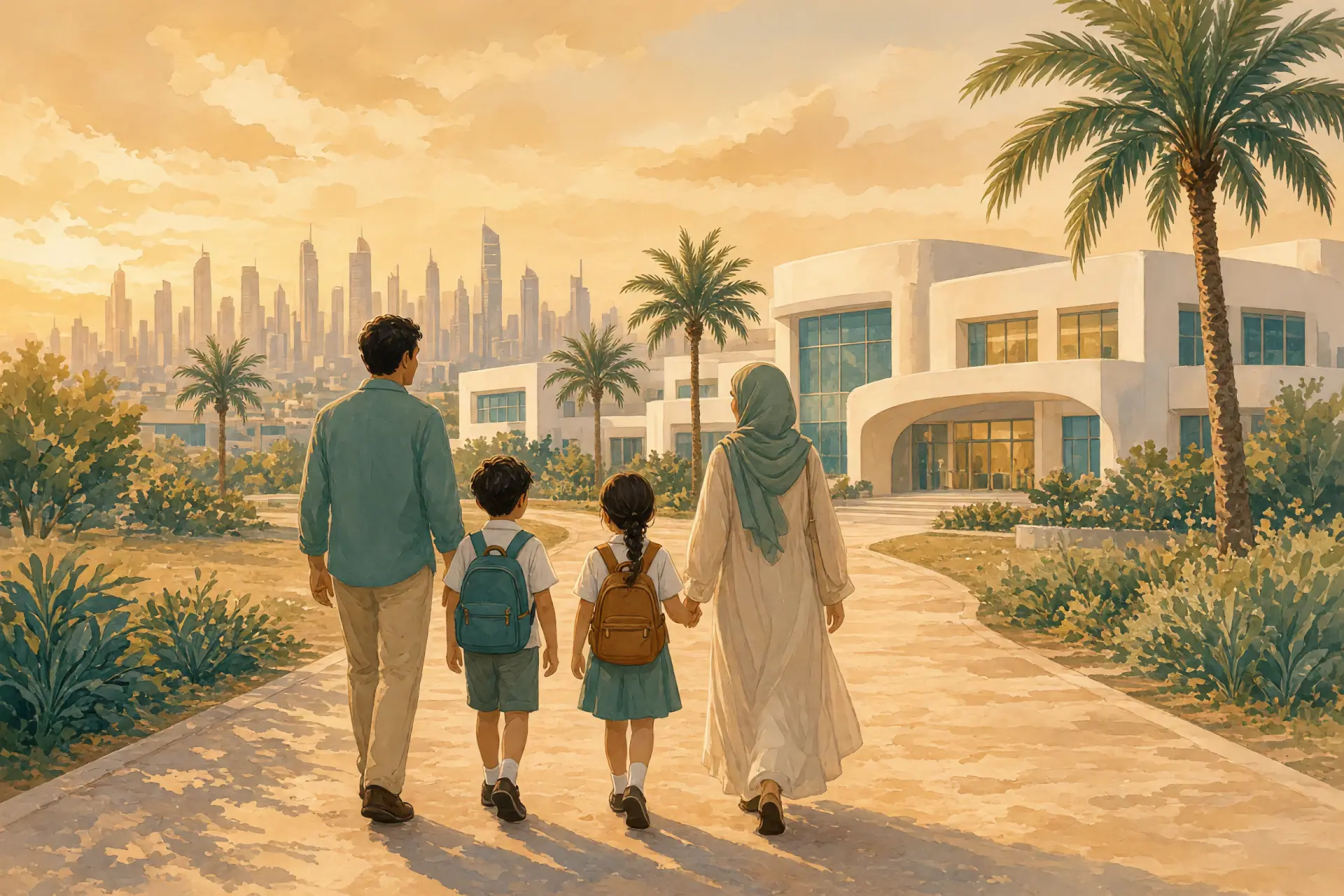 Illustration of an expat family with children in school uniforms walking toward a modern international school campus, a Gulf skyline soft in the background at golden hour